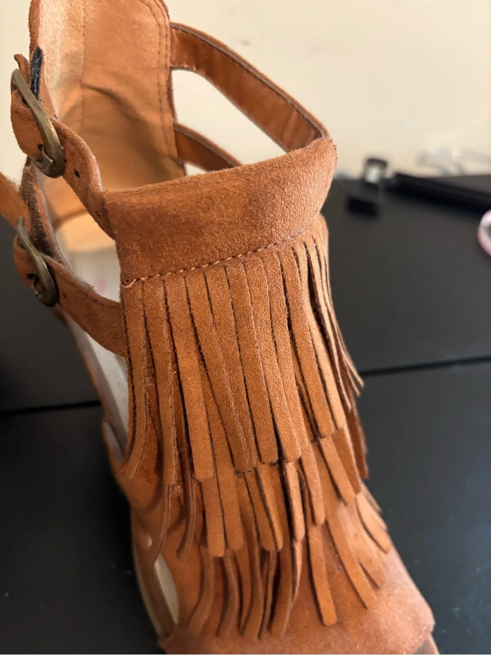 Jeffrey Campbell Brown Suede Fringe Block Heel Sandals